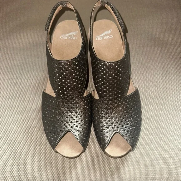 Dansko Teagan Leather Heeled Peep Toe Sandals EU 41 US 10.5-11 Gunmetal NEW